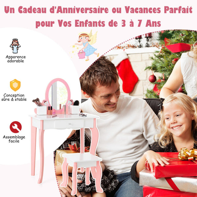 Set masă de toaletă pentru copii cu scaun, oglindă, sertar