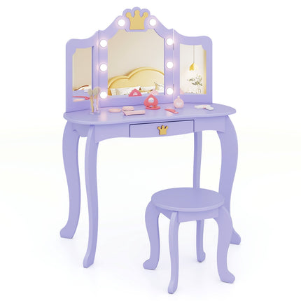 Masă de toaletă pentru copii cu lumini, oglindă triplă, violet