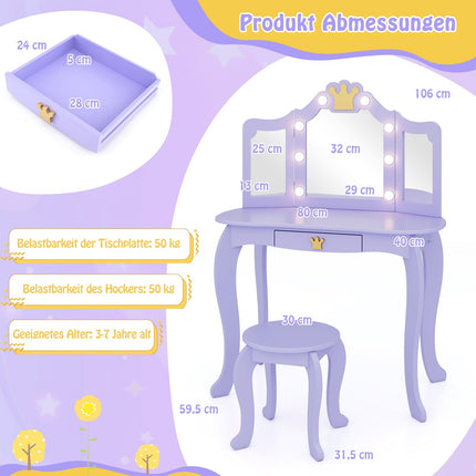 Masă de toaletă pentru copii cu lumini, oglindă triplă, violet