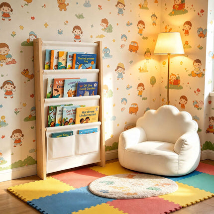 Raft de cărți de perete pentru copii cu buzunare din material textil, MDF și poliester