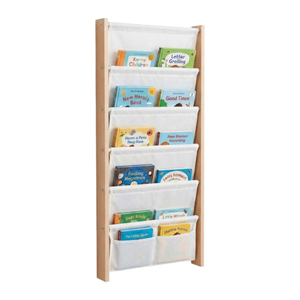 Raft de cărți de perete pentru copii cu buzunare din material textil – Natural/Alb