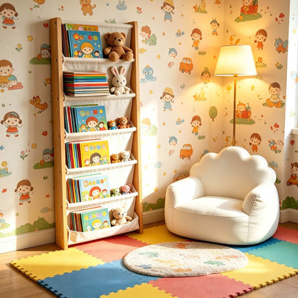 Raft de cărți de perete pentru copii cu buzunare din material textil – Natural/Alb