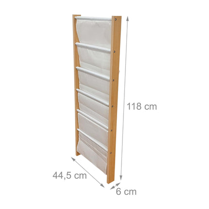 Raft de cărți de perete pentru copii cu buzunare din material textil – Natural/Alb