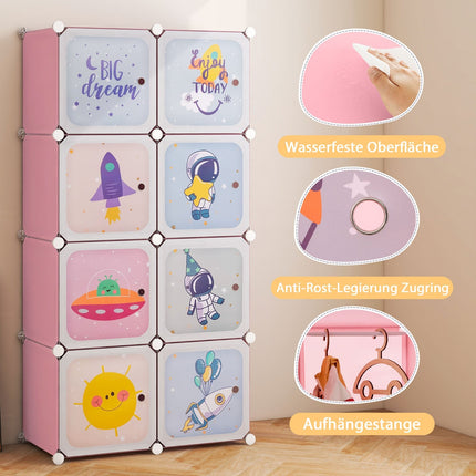 Organizator de garderobă pentru copii, rafturi din plastic roz cu 8 cuburi