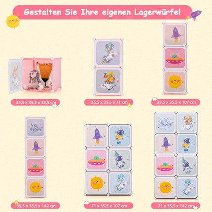 Organizator de garderobă pentru copii, rafturi din plastic roz cu 8 cuburi