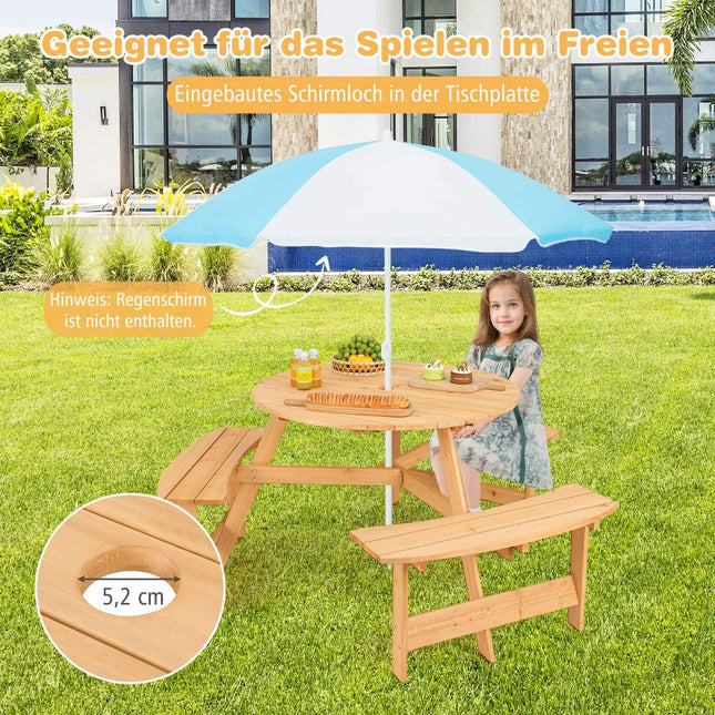 Set masă și bancă de picnic din lemn pentru copii, gaură pentru umbrelă