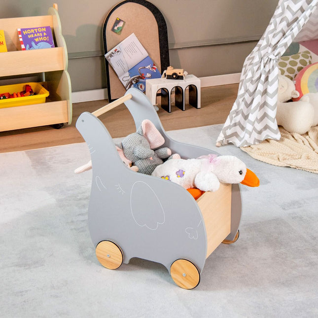 Cărucior de cumpărături din lemn pentru copii, roți de cauciuc, vârsta 3+