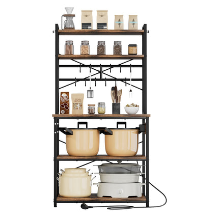 Kitchen Bakers Rack With Power Strip, 12 Hooks