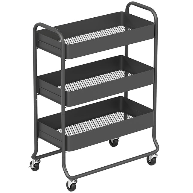 Cărucior de bucătărie, 3 coșuri, 4 roți, metal, negru