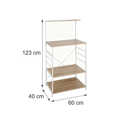 Raft de bucătărie cu 4 niveluri și cârlige – aspect lemn, MDF și metal