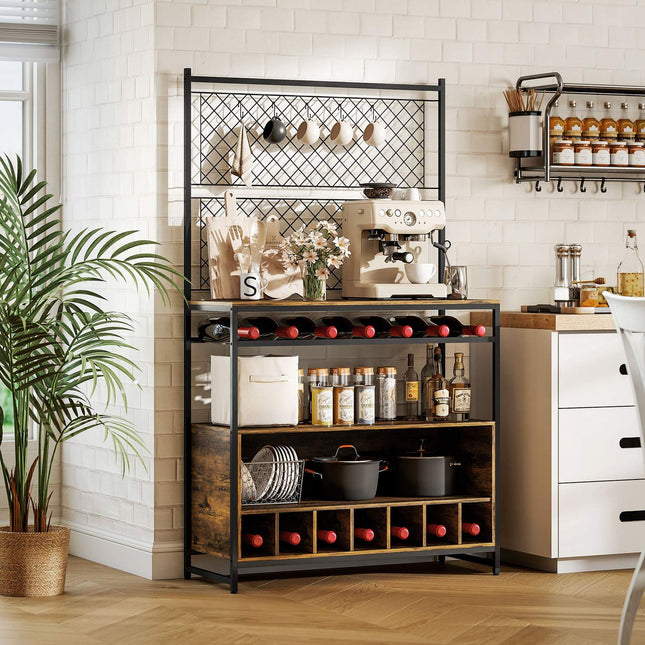 Kitchen Shelf with Hooks and Wine Rack, Rustic Brown