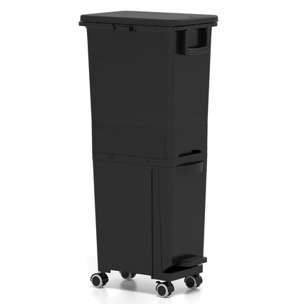 Coș de gunoi de bucătărie cu 3 compartimente, negru, 4 roți
