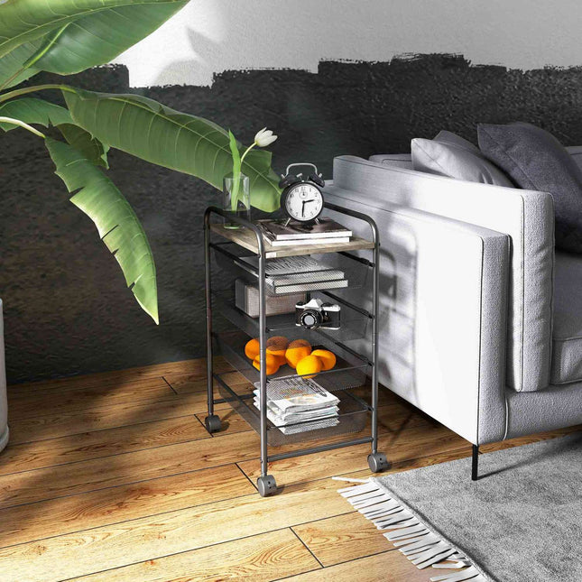Steel kitchen trolley with wheels, 4 baskets - Black