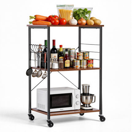 Kitchen Utility Cart, 3-Tier Rolling Microwave Stand, 8 Hooks