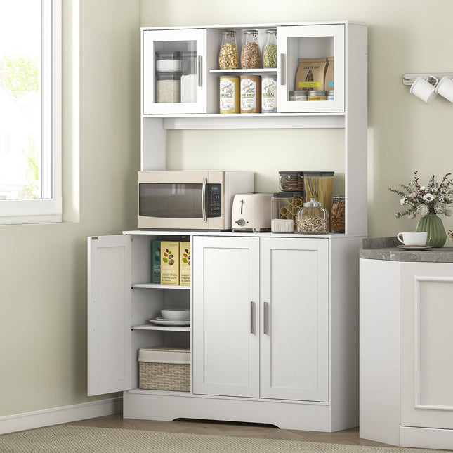 Dulap de bucătărie, design scandinav, 4 dulapuri, rafturi reglabile, uși din sticlă, spațiu deschis, PAL, MDF, alb