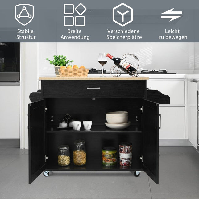 Kitchen trolley kitchen island with drawer and height-adjustable shelf 116 x 40 x 85 cm black + natural