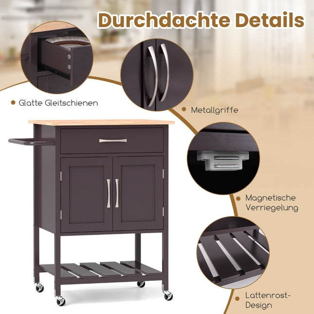 Kitchen trolley with worktop, serving trolley with wheels, trolley with drawer, brown