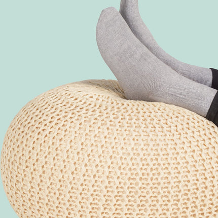 Puf tricotat - rotund, design boho, umplutură din polistiren