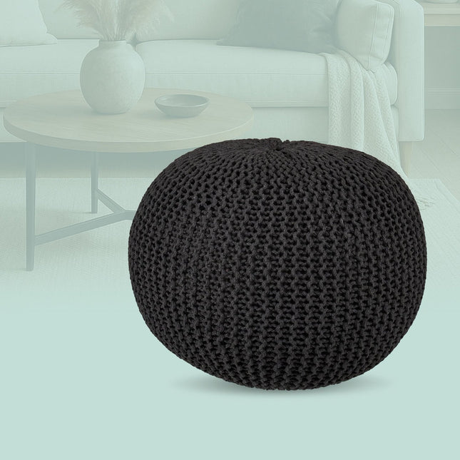 Puf tricotat - rotund, design boho, umplutură din polistiren