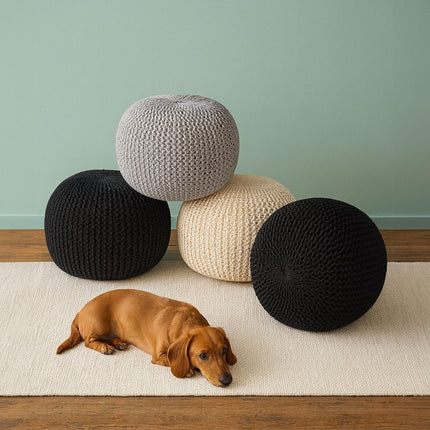 Puf tricotat - șezut rotund de podea, design boho