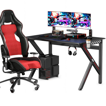 Masa de gaming in forma de K cu suport pentru pahare cu carlig pentru casti si masa ergonomica pentru computer pentru gestionarea cablurilor, neagra