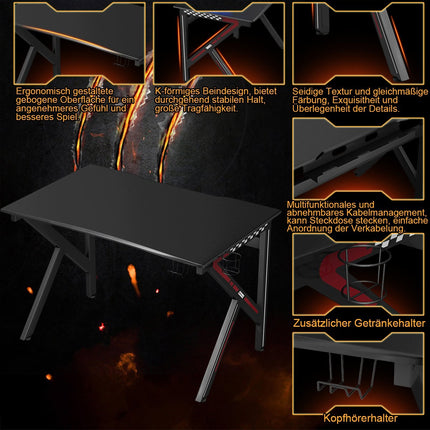 Masa de gaming in forma de K cu suport pentru pahare cu carlig pentru casti si masa ergonomica pentru computer pentru gestionarea cablurilor, neagra