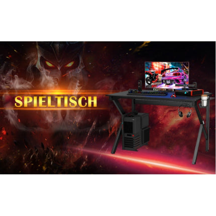 Masa de gaming in forma de K cu suport pentru pahare cu carlig pentru casti si masa ergonomica pentru computer pentru gestionarea cablurilor, neagra