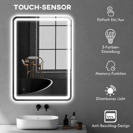 LED Bathroom Mirror 70 x 100 cm with Anti-Fog, Touch Control, Dimmable, Silver