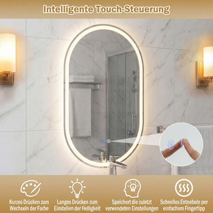 Oglindă de baie cu LED, 80x50 cm, iluminare din spate, anti-aburire, control tactil
