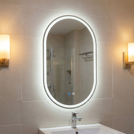Oglindă de baie cu LED, 80x50 cm, iluminare din spate, anti-aburire, control tactil