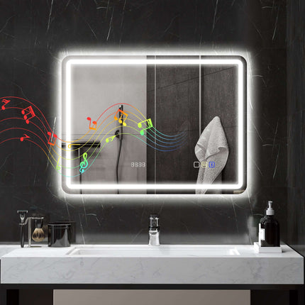 LED Bathroom Mirror 80 x 60 cm with Anti-Fog Pad, Bluetooth, Clock, Silver