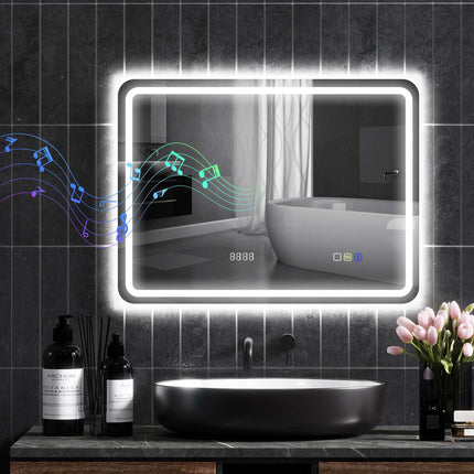 LED Bathroom Mirror 80 x 60 cm with Anti-Fog Pad, Bluetooth, Clock, Silver