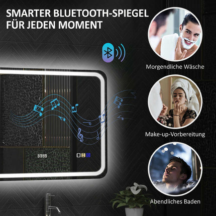 LED Bathroom Mirror 80 x 60 cm with Anti-Fog Pad, Bluetooth, Clock, Silver