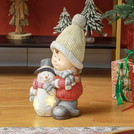 LED Christmas Figure Girl with Snowman, 4 Warm White LEDs, 45.5 cm