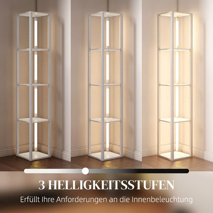 LED Floor Lamp with 4 Shelves, Dimmable, 3 Brightness Levels, Foot Switch, White