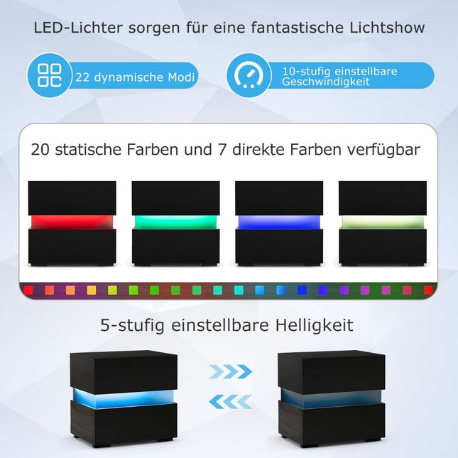Set noptieră LED, 2 sertare, negru, telecomandă