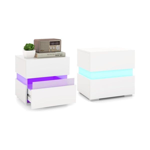 Set noptieră cu LED și 2 sertare, albă, cu telecomandă