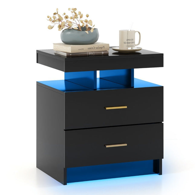 Noptiera LED cu 2 sertare, lucios ridicat, negru, 50x40x58 cm