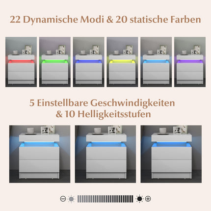 Noptieră LED cu 2 sertare, MDF alb, design modern