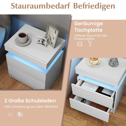 Noptieră LED cu 2 sertare, MDF alb, design modern