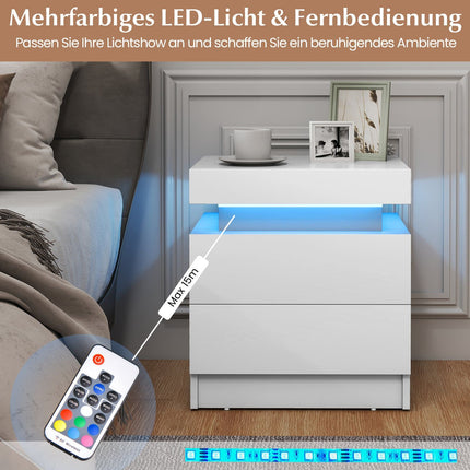 Noptieră LED cu 2 sertare, MDF alb, design modern