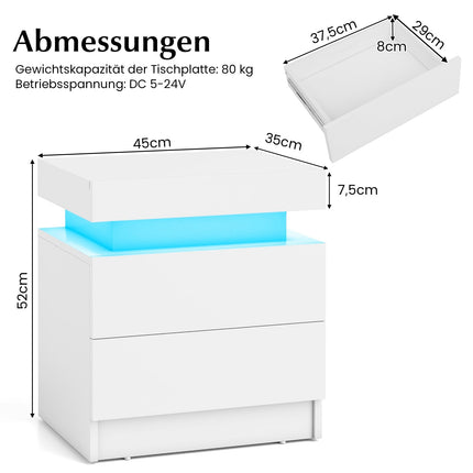 Noptieră LED cu 2 sertare, MDF alb, design modern