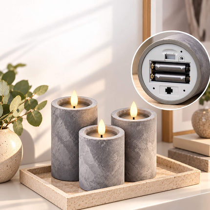 LED Pillar Candles Set of 3 with 6-Hour Timer, Concrete Effect, Grey