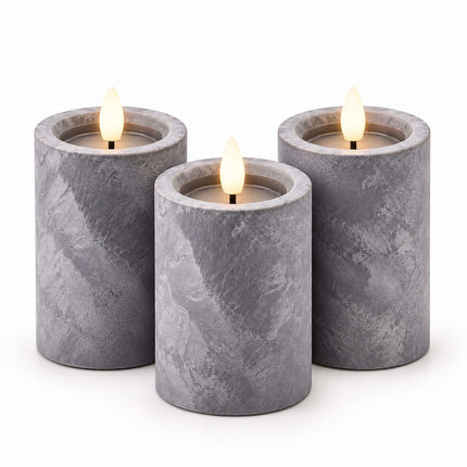 LED Pillar Candles Set of 3 with 6-Hour Timer, Concrete Effect, Grey