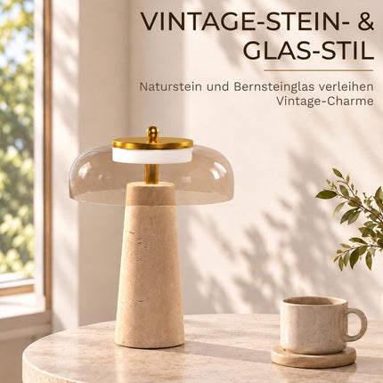 LED Table Lamp with Travertine Base and Tinted Glass Shade, 3000K, Amber
