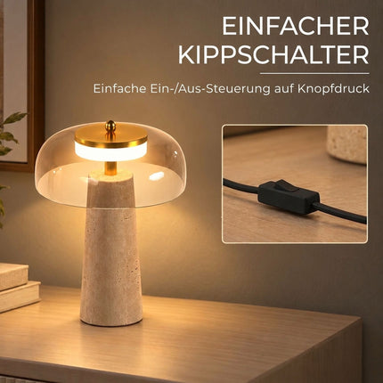 LED Table Lamp with Travertine Base and Tinted Glass Shade, 3000K, Amber