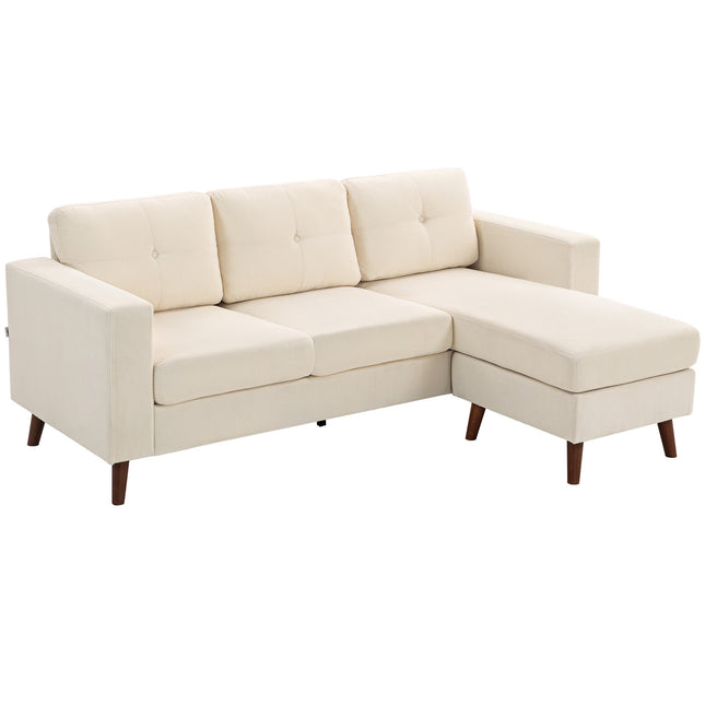 Canapea în formă de L cu șezlong reversibil, material textil din cord, alb crem