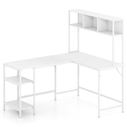 Birou în formă de L cu raft de cărți, alb – Design care economisește spațiu