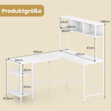 Birou în formă de L cu raft de cărți, alb – Design care economisește spațiu