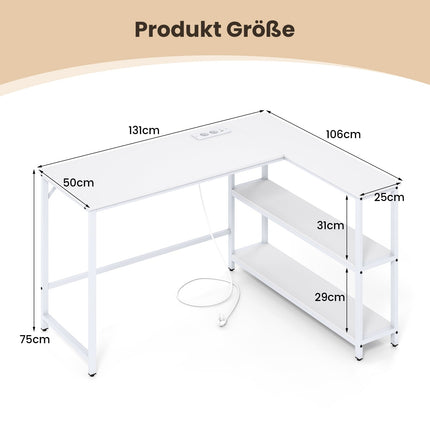 L-Shaped Desk with Charging Station & Shelves, White